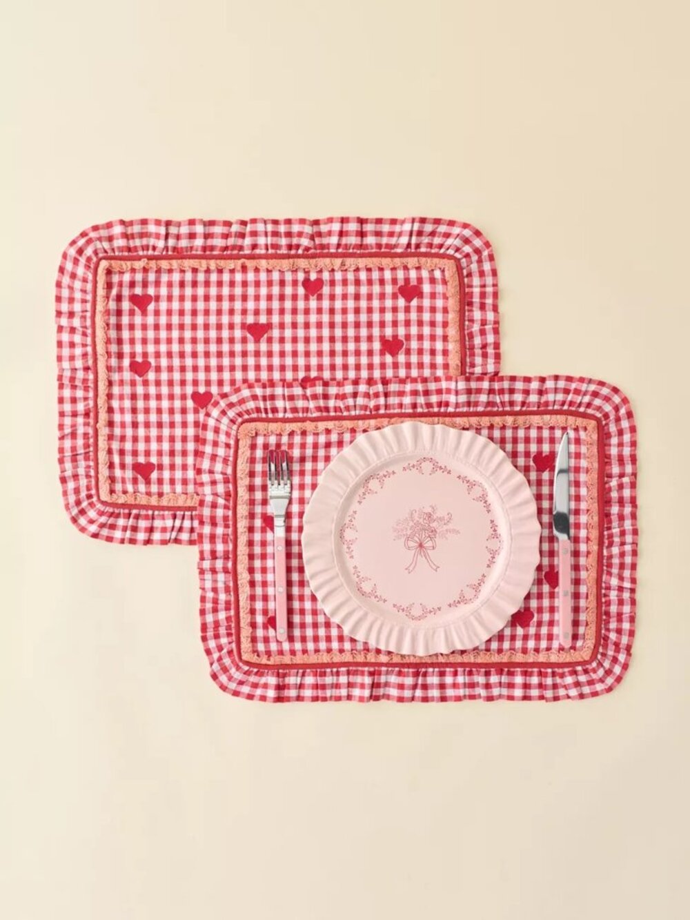 For Love & Lemons UO Gingham Ruffled Placemat - Set Of 2 | Red | NWT
